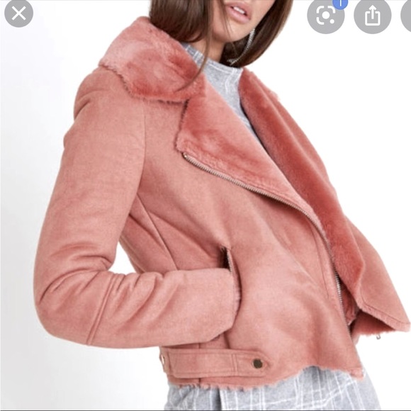 River island fur suede jacket moto zipper pink - Picture 5 of 14